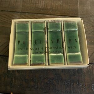 Pottery Barn Asian Square‎ Chopstick Rests Holder Set of 4 Green Ceramic